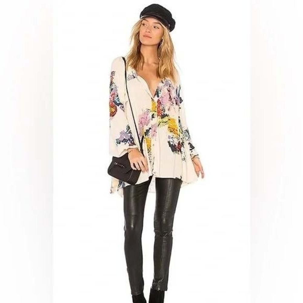 Free People Meadow Lark Cream Floral Tunic Top Boho Oversized Small Cottagecore